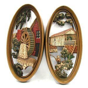 Set 2 Burwood Products Water Wheel Mill Country Farm Wall Art Hanging Molds Vtg